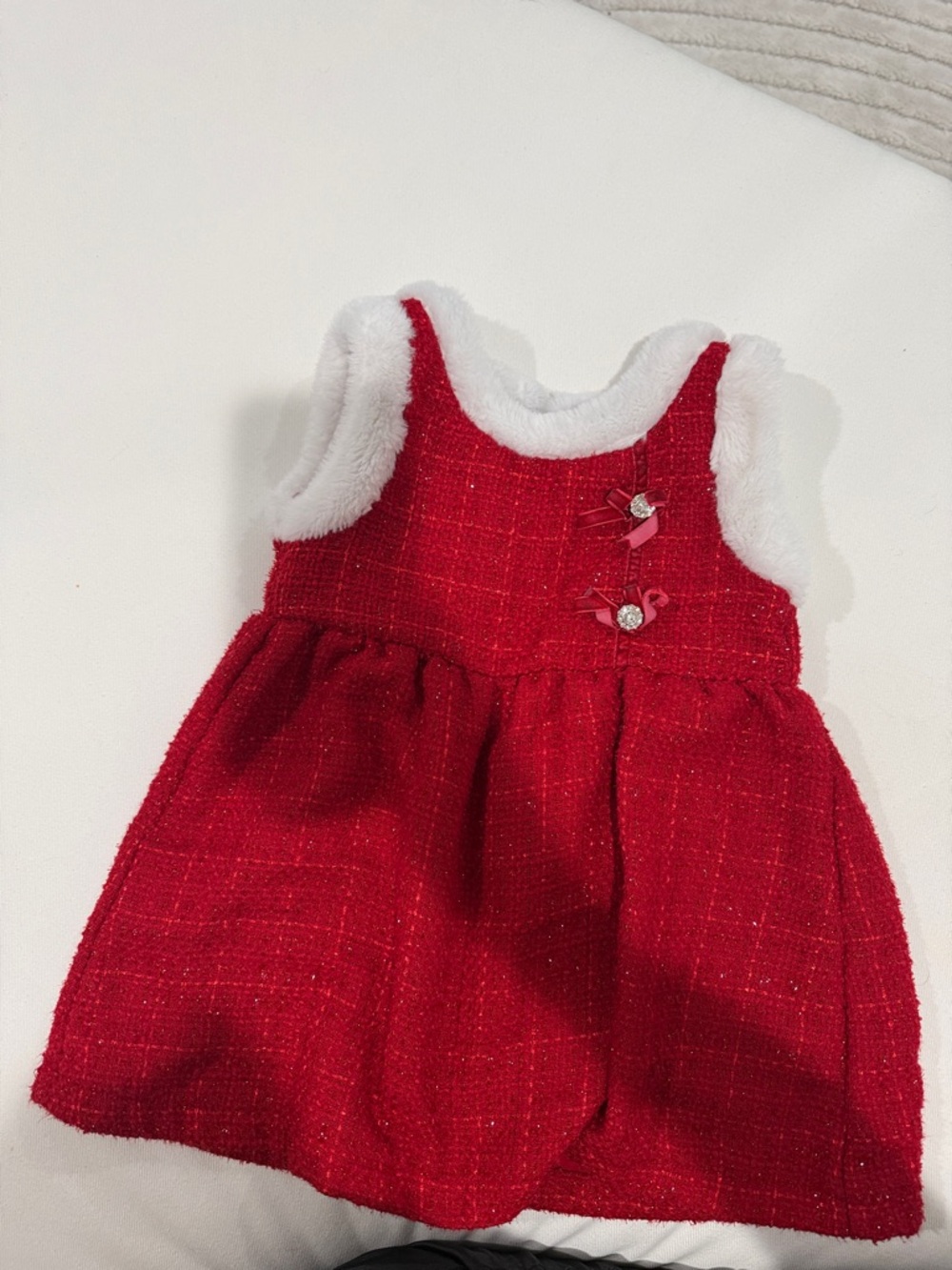 Blueberi Boulevard Red Tweed Holiday Dress with White Trim